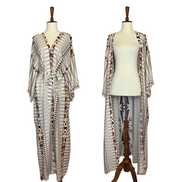 Boho Aztec Tribal Cream Tan & Black Kimono Beach Coverup Duster - Picture 9 of 16